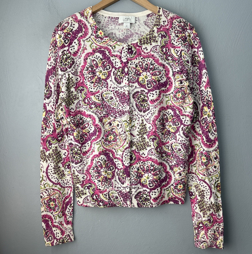 Ann Taylor LOFT Cardigan Size Medium Paisley Pima Cotton Sweater Preppy Office